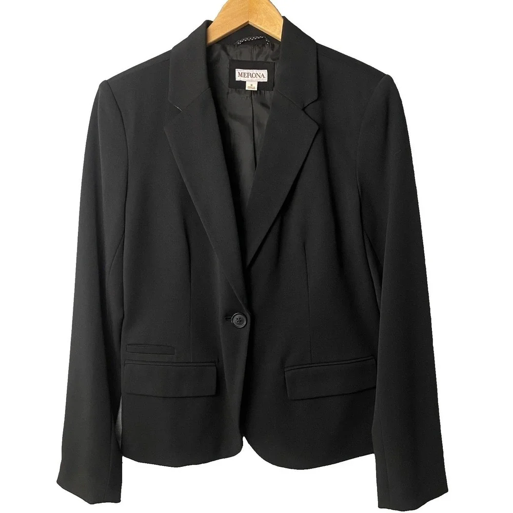 Merona Blazer‎ Women 8 Black One Button Professional Suit Jacket RN17730